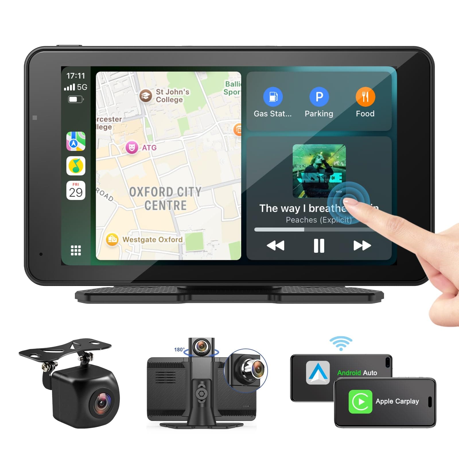 Portable Carplay Screen, 7" Apple CarPlay & Android Auto HD Touchscreen with 1080P Backup Camera, 4K Dash Cam, Bluetooth Voice Control Car Stereo, Recording, AUX/FM, Siri, Mirror Link, GPS Navigation