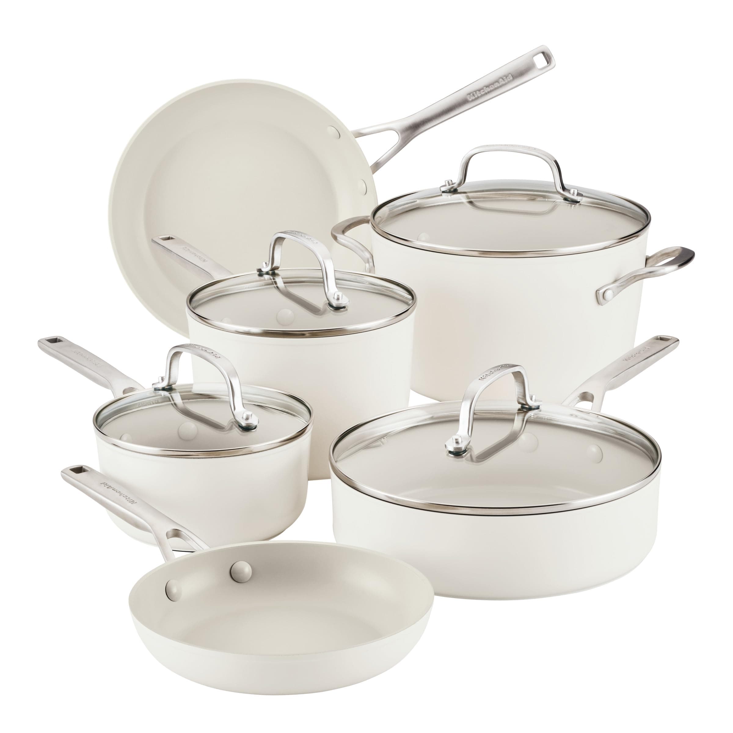 KitchenAid Hard Anodized Ceramic Nonstick Pots and Pans Set with Saucepans, Frying Pans, Stockpot, and Lids, 10 Piece Non Stick Cookware Set with Stainless Steel Handles - Porcelain White