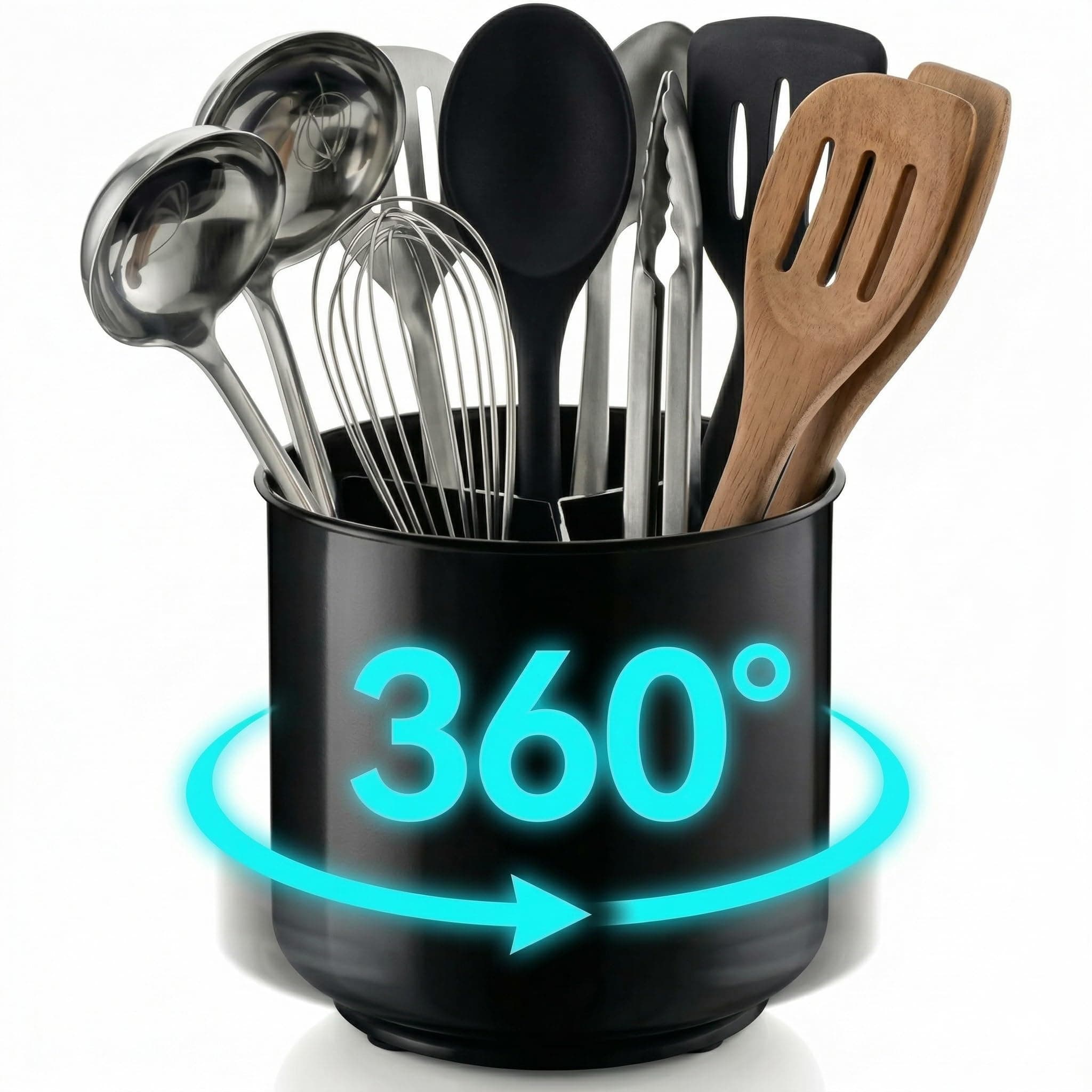 Cooler Kitchen Jumbo Extra Large Sturdy Rotating Black Utensil Holder Caddy with No-Tip Weighted Base, and Gripped Insert - Rust Proof and Dishwasher Safe Kitchen Utensils Holder