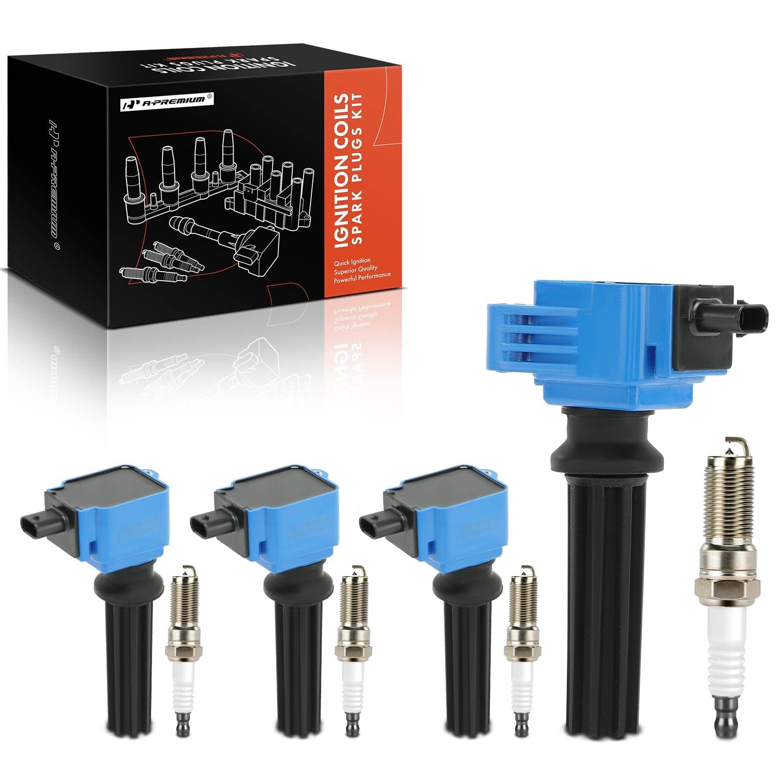 A-Premium Ignition Coil Pack and Iridium Spark Plugs Compatible with Ford Focus 2.0L/2.3L 2012-2019, Escape 2.0L 2013-2019, Mustang 2.3L 2015-2023 & Lincoln MKZ 2.0L Turbo 2013-2020 - Blue, Set of 4