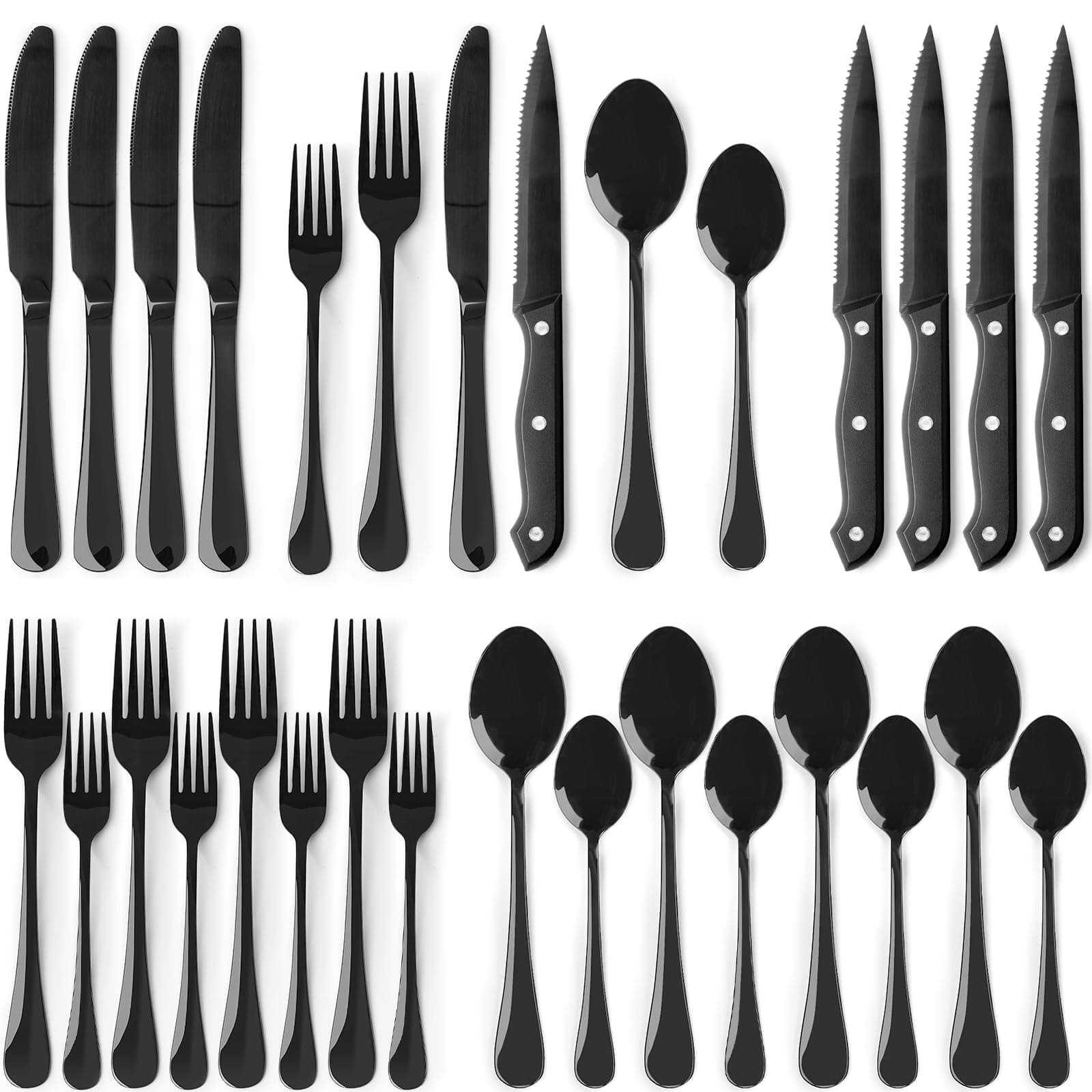 24-Piece Black Silverware Set with Steak Knives Flatware Set for 4 Food-Grade Stainless Steel Cutlery Set Mirror Polished Utensils Set Include Spoons and Forks for Home Kitchen Restaurant