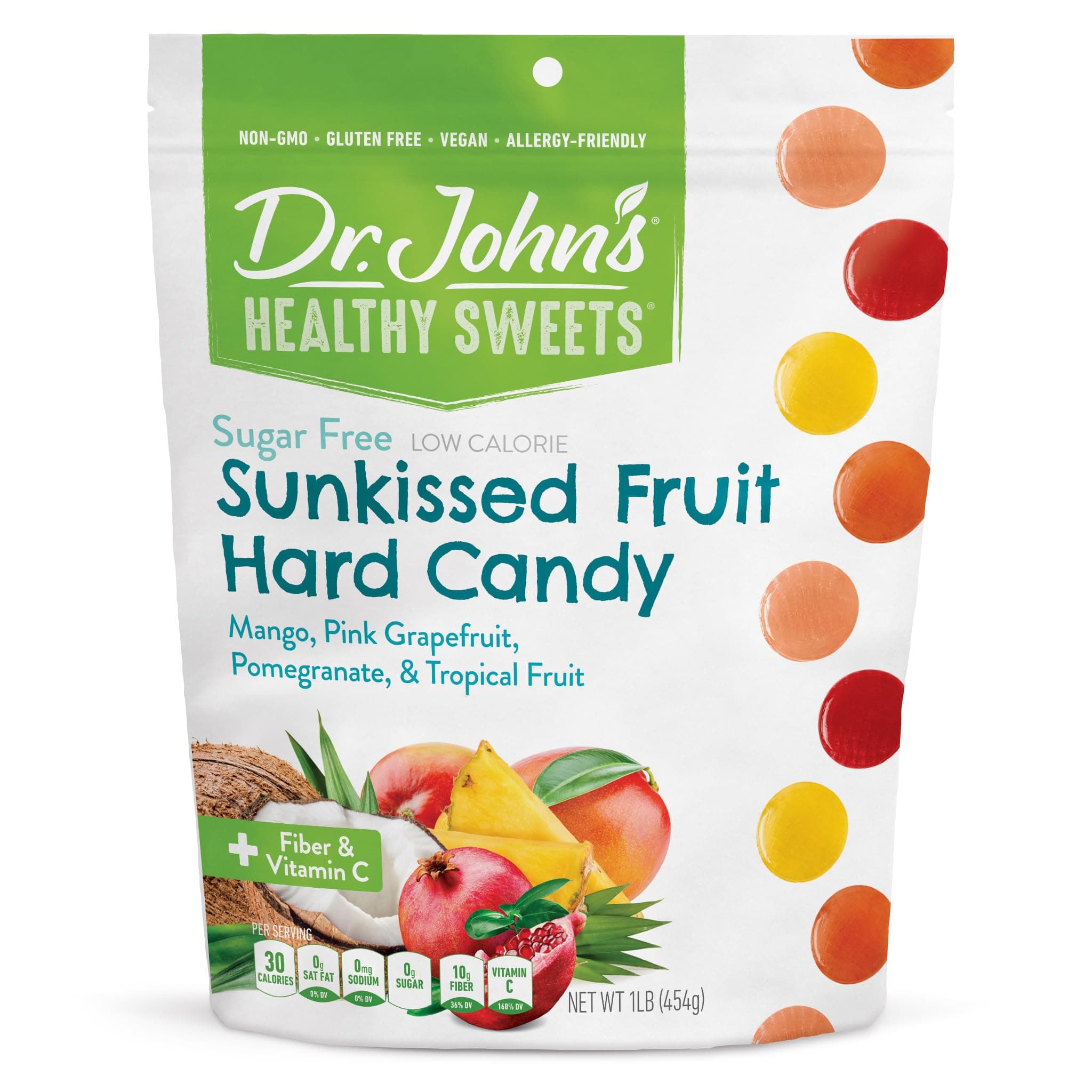 Dr. John’s Sugar Free Candy, Healthy Hard Candy with Zero Sugar, Low Calorie Snacks, Keto Friendly, Gluten Free, Sunkissed Fruit Flavors, 100 Count, 1 LB