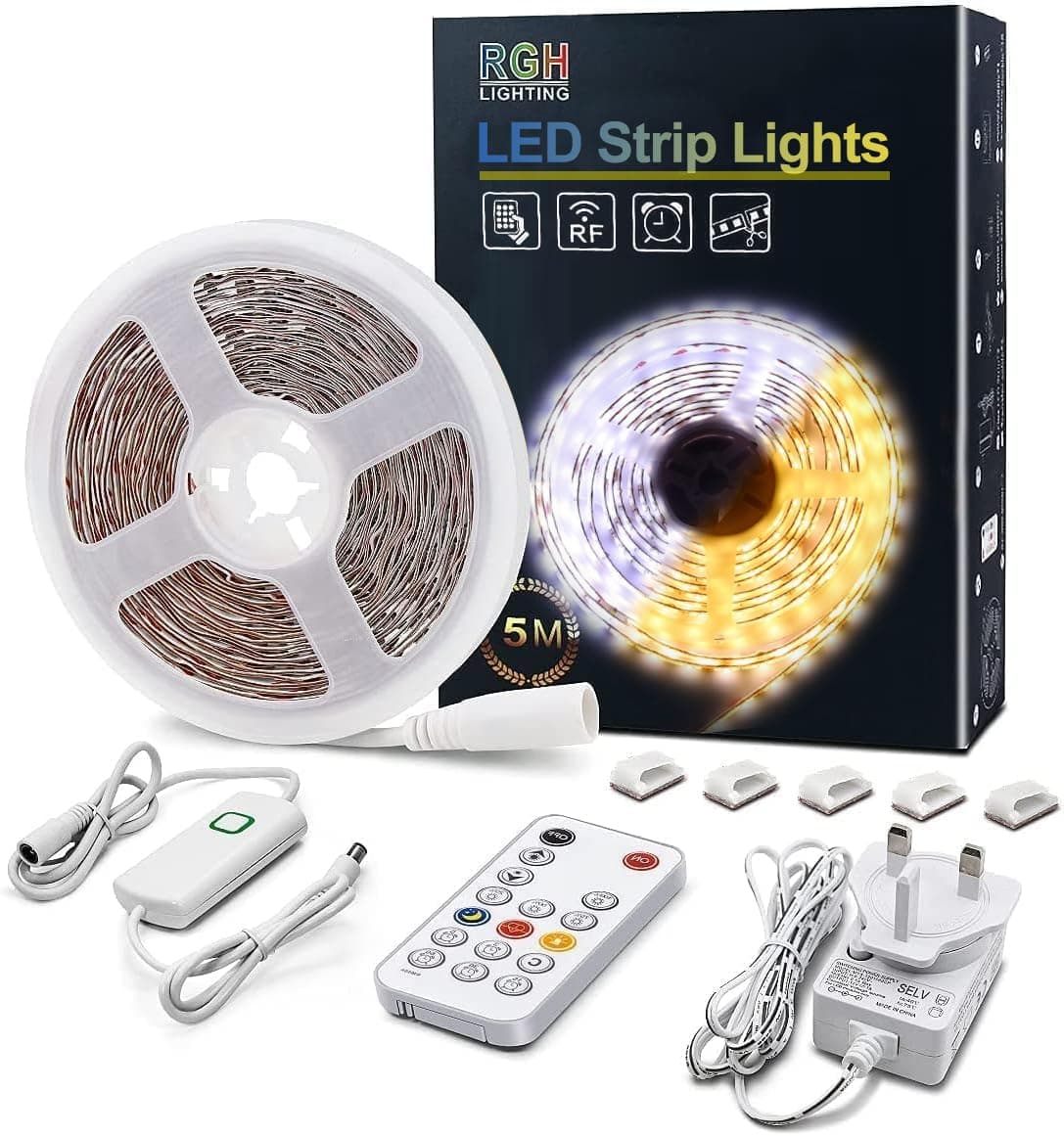 LED Strip Lights Warm White, 5m Dimmable LED Light Strip with RF Remote, 300 Bright 6000K 2835 LEDs, Plug-in Adhesive Rope Lights with Timing Mode for Living Room Bedroom Kitchen Cabinet Mirror Decor