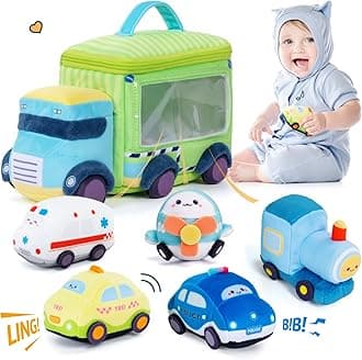 OUOZZZ Baby Toys 6-12 Months - Soft Cars for Toddlers 1-3 - Little Blue Truck Plush Toys for Babies- First Birthday Gifts for Boys - Stuffed with Squeaker, Bell Ringing Sensory Toys Portable Playset