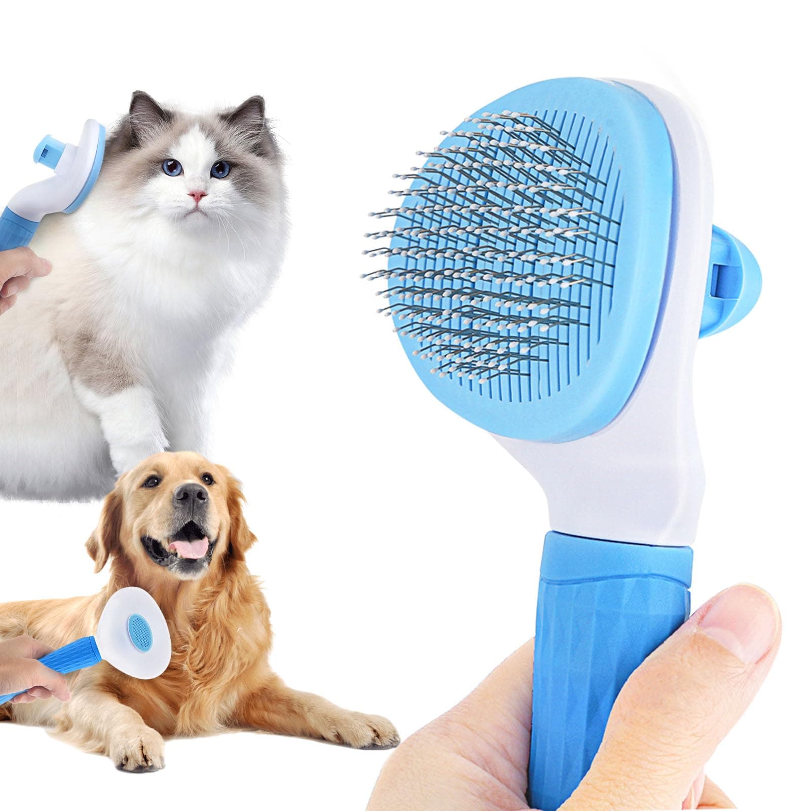 Cat Brush Self Cleaning Slicker with Release Button, Dog Shedding Brush for Grooming, Cat Comb Pet Massage Tool Suitable for Long or Short Pet Hair Cleaner, Removes Tangles & Loose Fur