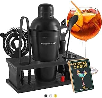 Modern Mixology Cocktail Shaker Set - 8 Piece Bartender Kit on Quality Pine Stand | Complete Cocktail Kit Gift Set | Top Bartender Gifts for Men | Leak Proof Design (Black)