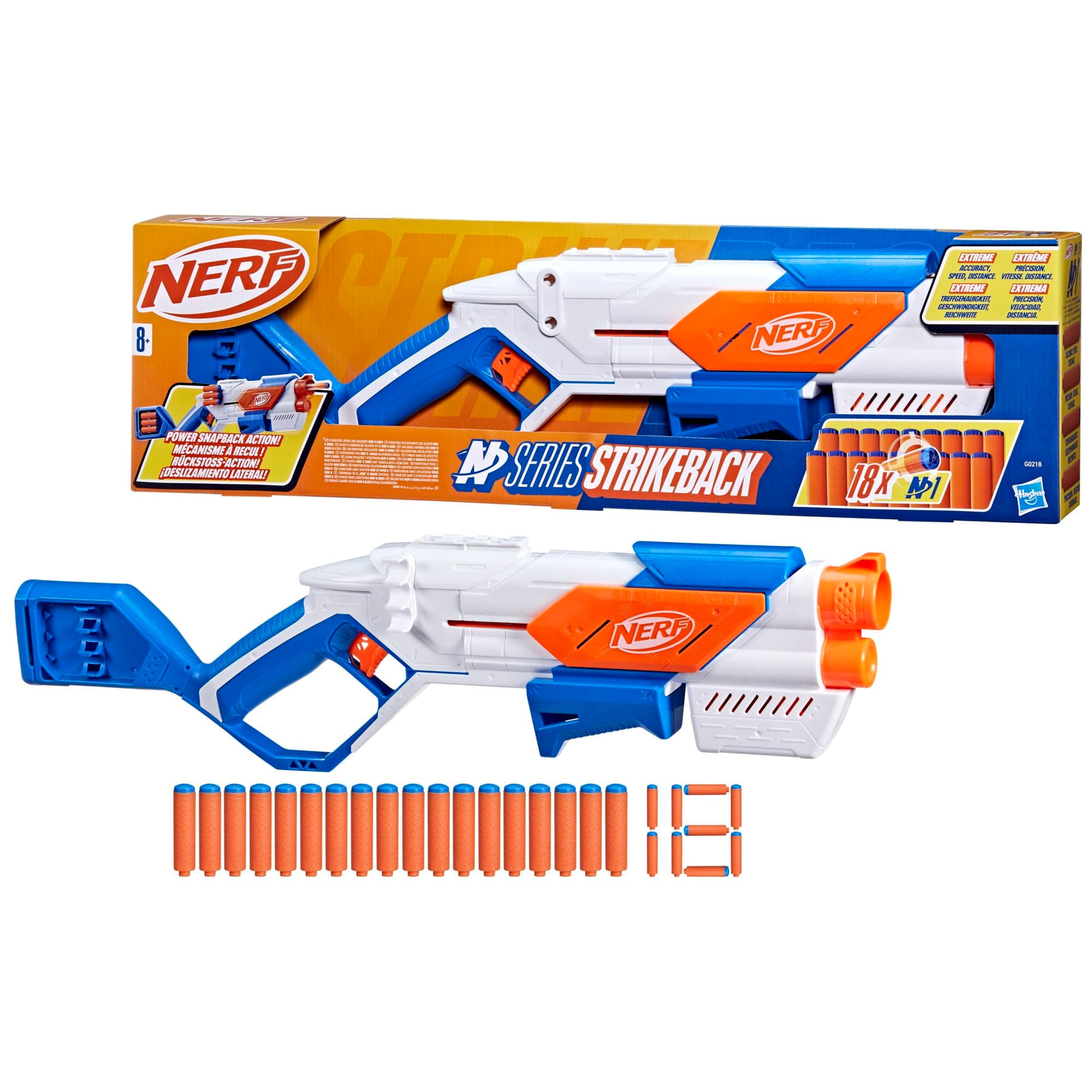 N Series Strikeback Blaster with Snapback Action, Internal 6-Dart Clip & 12-Dart Storage, Includes 18 Official N1 Foam Darts, High-Performance Toy Blaster for Kids 8 For Kids