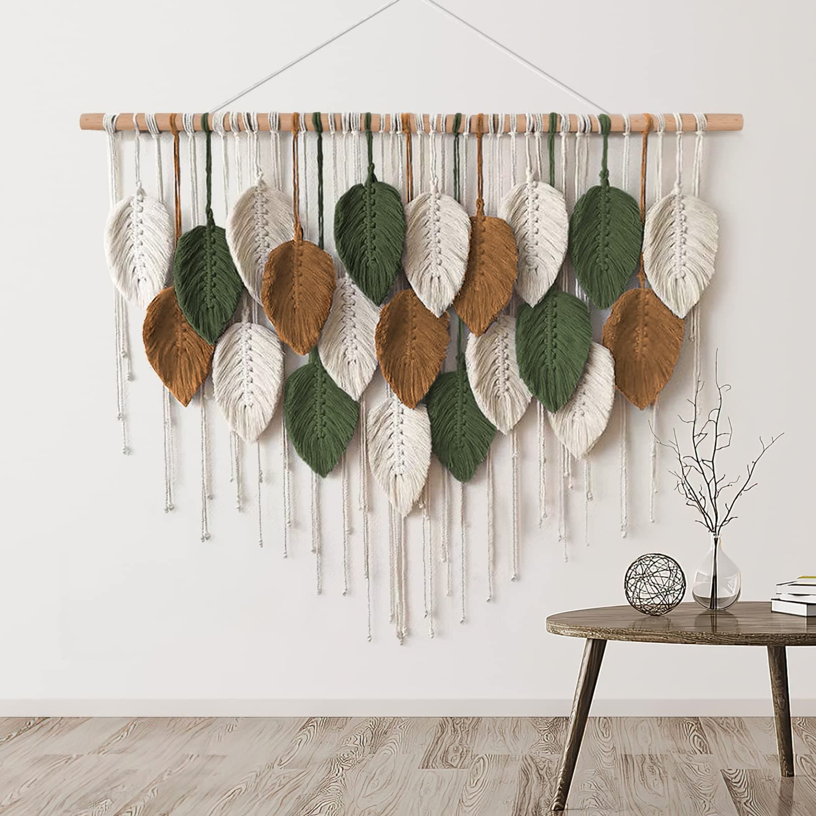 Macrame Wall Hanging Large Tapestry Woven Wall Hanging Boho Macrame Leaf Wall Decoration Feather Chic Woven Art for Bedroom Living Room Decoration(A)