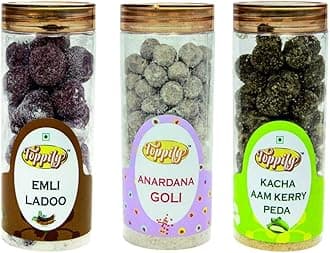 TOPPIFY Set of 3 Peda & Traditional Indian Treats – Imli Ladoo, Anardana Goli, and Kacha Aam Kerry Peda – Tangy & Sweet Flavors, Vegetarian, Digestive, Perfect for Gifting & Festive Occasions