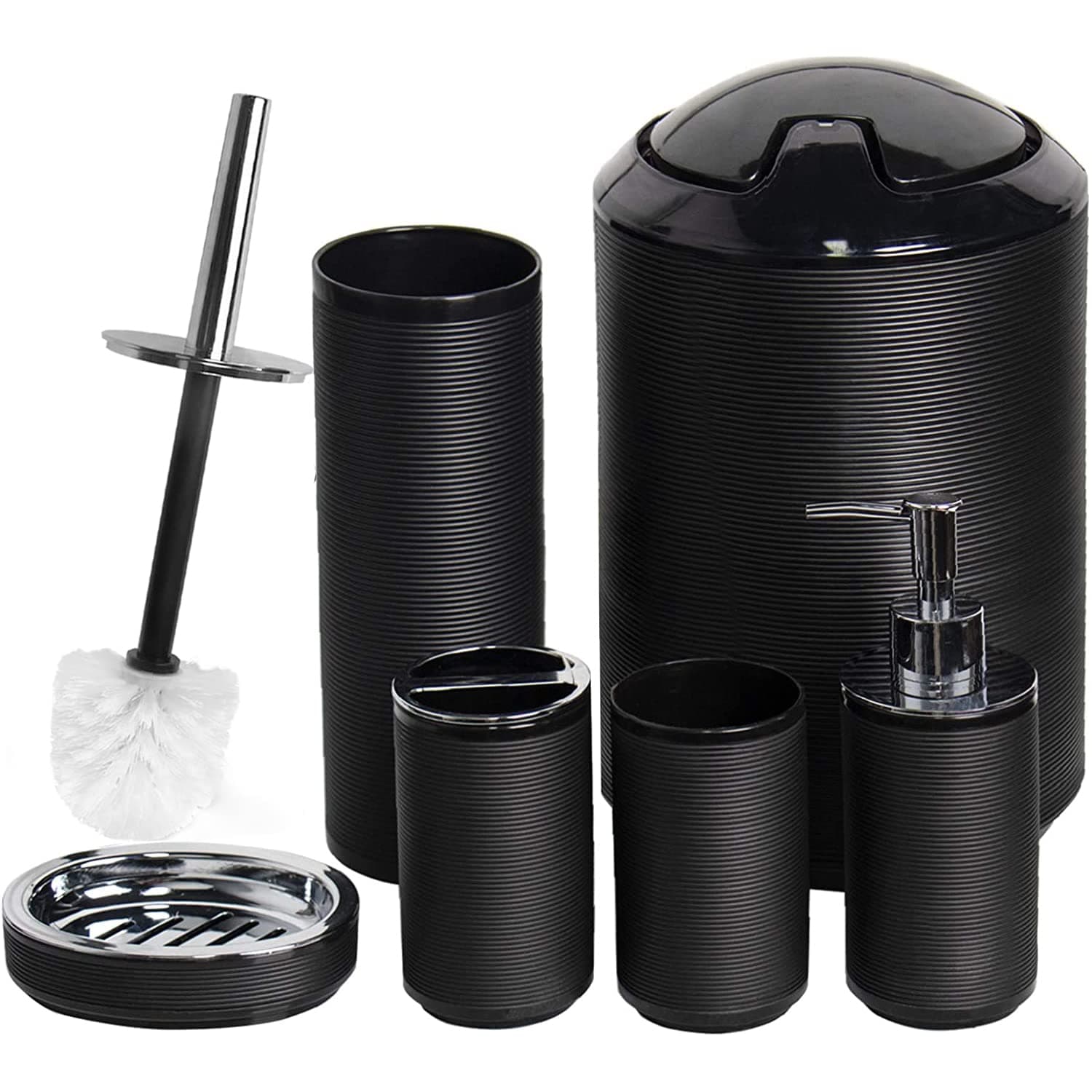 Bathroom Accessories Set 6 Piece Bath Ensemble Includes Soap Dispenser, Toothbrush Holder, Toothbrush Cup, Soap Dish for Decorative Countertop and Housewarming Gift, Black