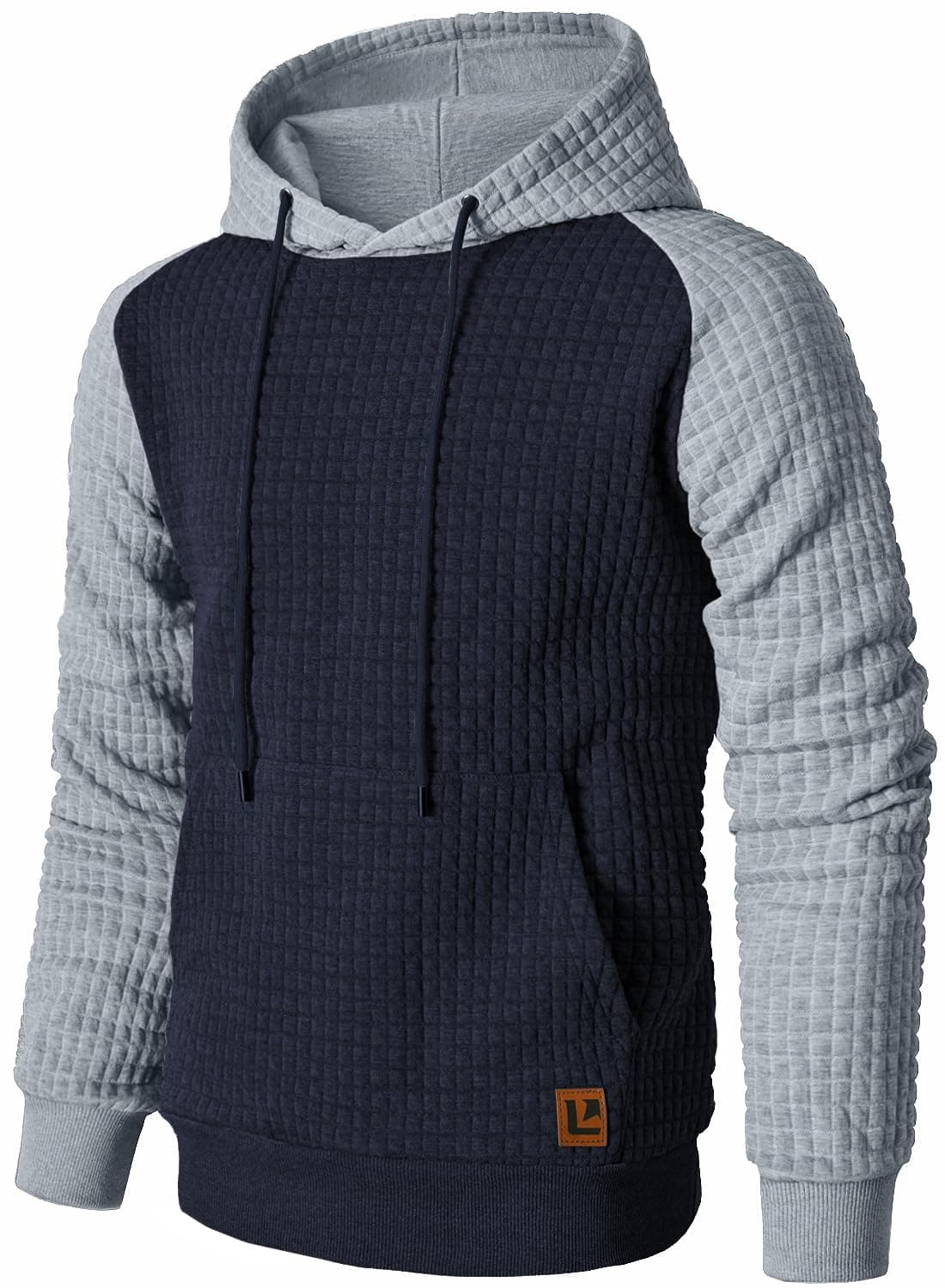 Qichic Men’s Sweatshirts Long Sleeve Pullover Patchwork Plaid Jacquard Hoodie Casual Drawstring Hoody Top