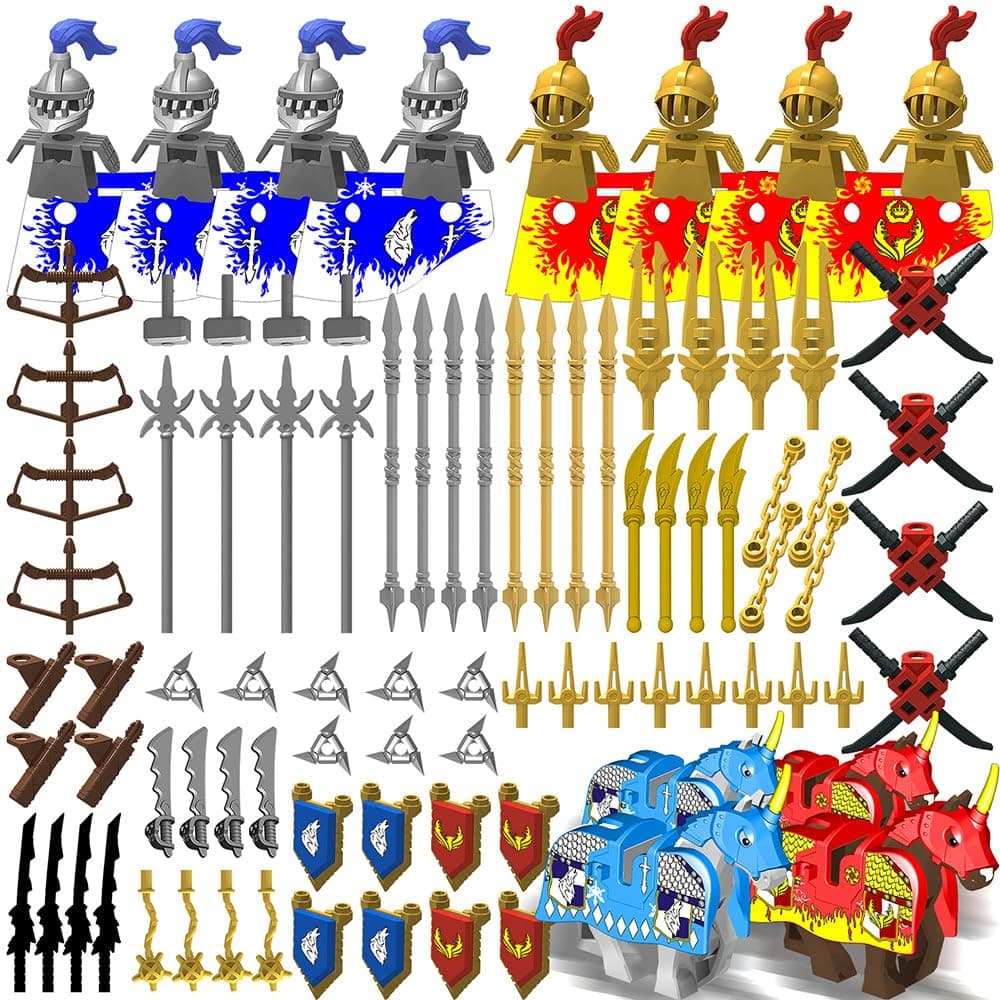 Weapon Pack for Minifigures Knight Weapons Set Accessories Kit Include Armor Helmet Cloaks Shield Barding Horses Compatible with All Major Brands (Medieval Weapon)