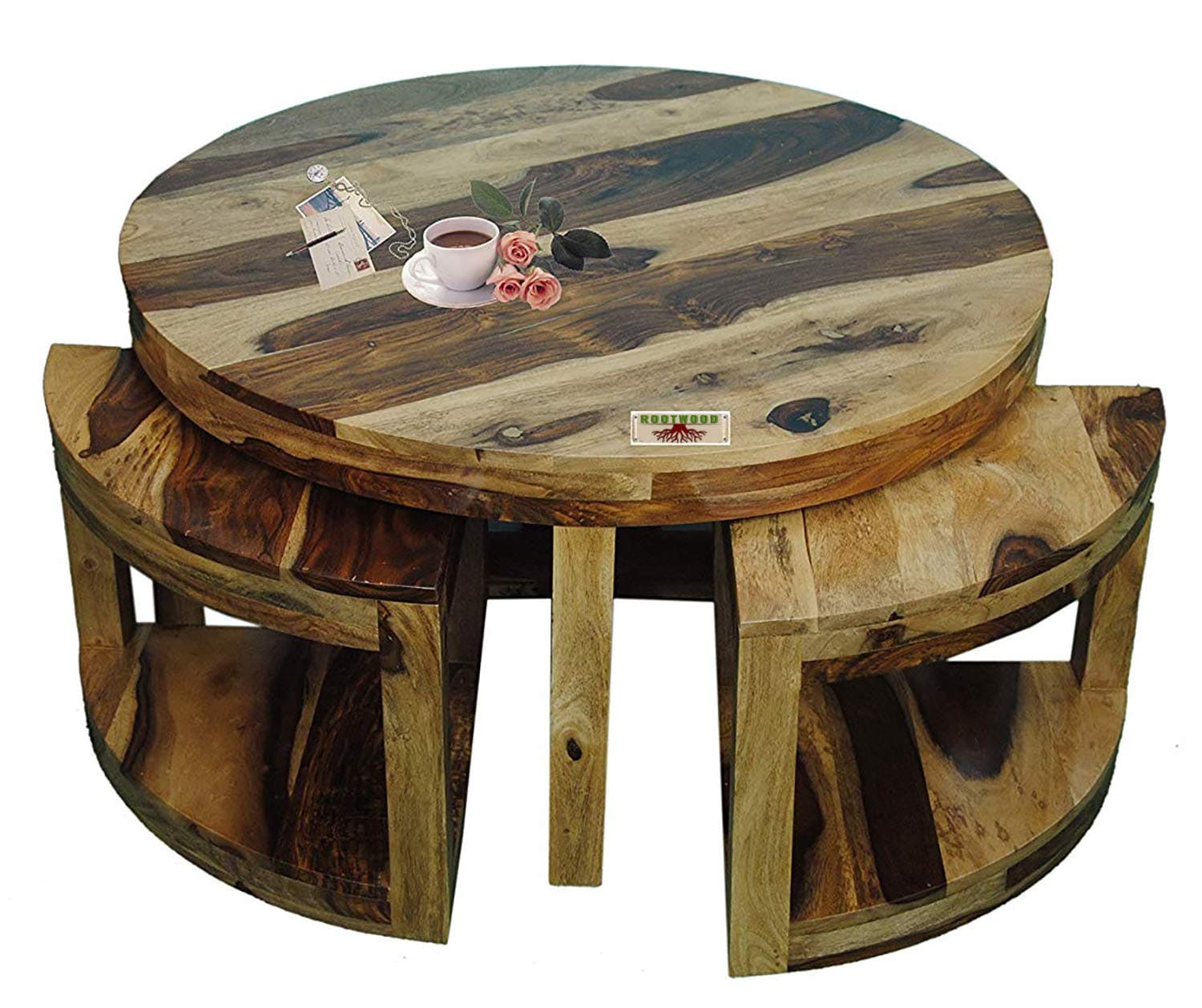 Solid Sheesham Wood Round Coffee Table with 4 Stool, Rotating Nested Design Round Coffee for Living and Guest Room Areas