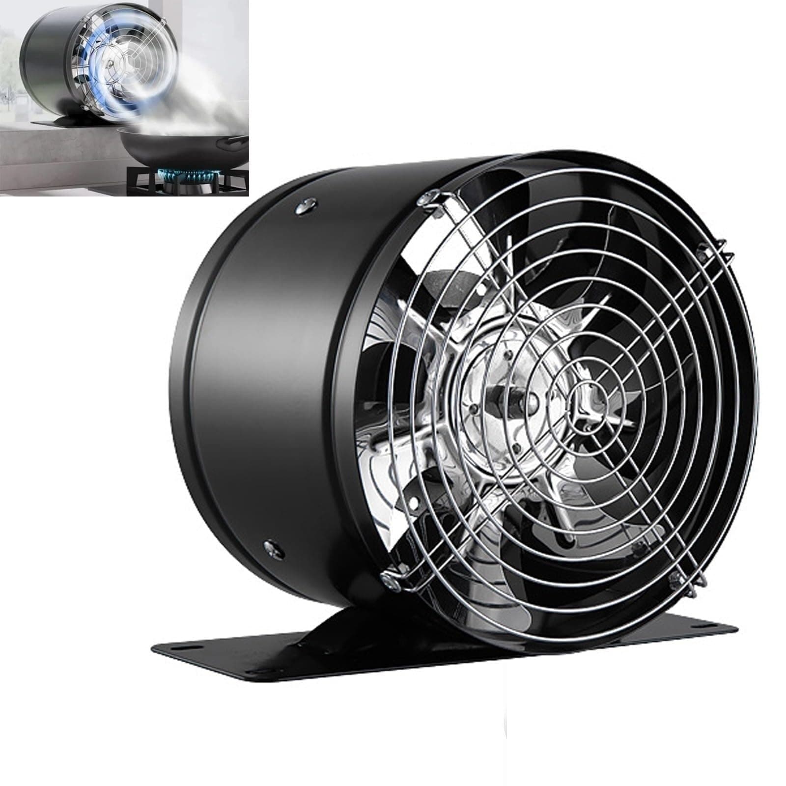 Super Suction Multifunctional Powerful Mute Exhaust Fan, Single Side Embedded Vent Fan, Ventilation Fan Aluminum Alloy Kitchen Exhaust Fan Protective Grille (white with base,6in) LO-705(Black with bas