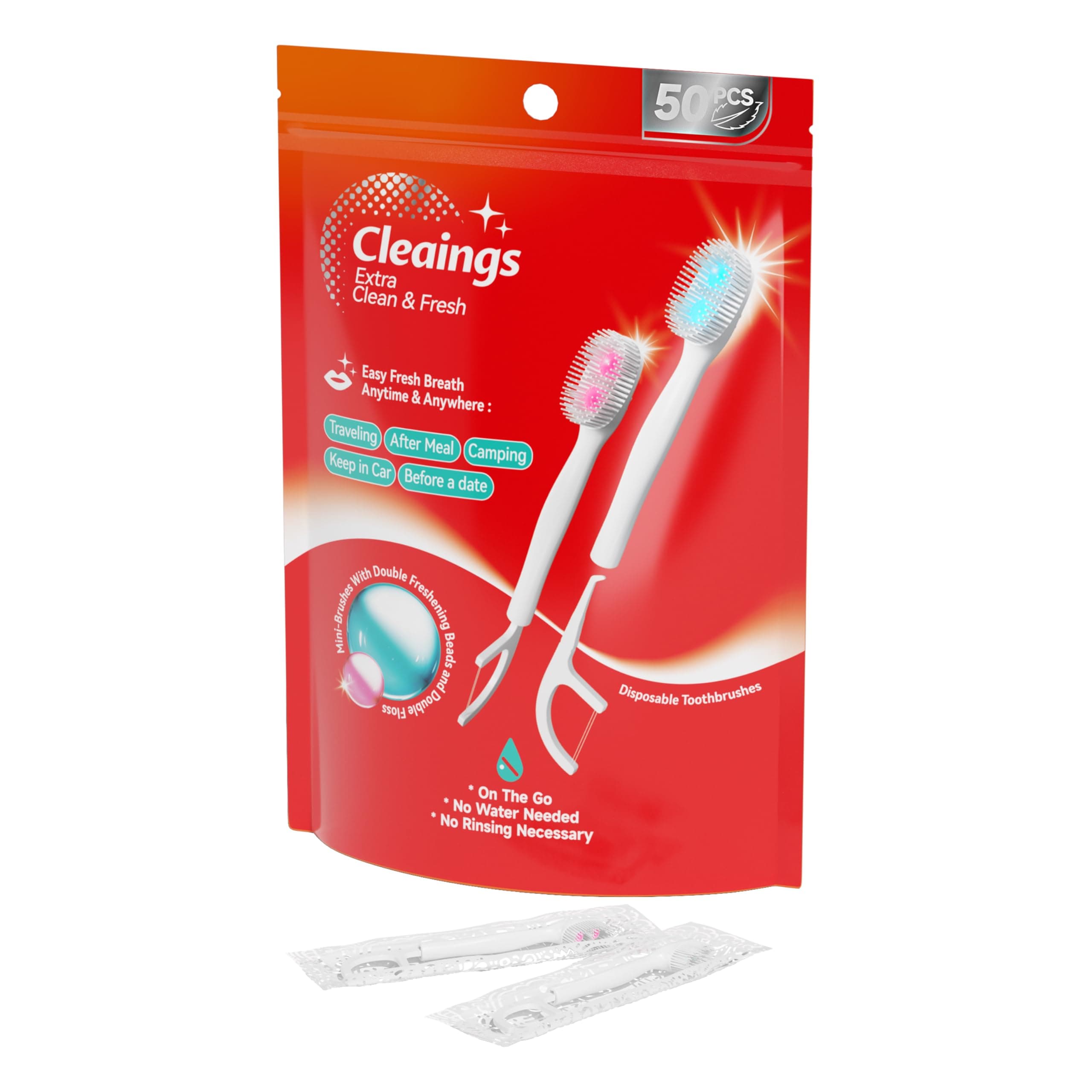 cleaings® Disposable Toothbrushes with Double Cleaning Beads Toothpaste and Clean Floss Picks for Work or Travel - 50 pcs-Mix Flavor（Pack of 1）