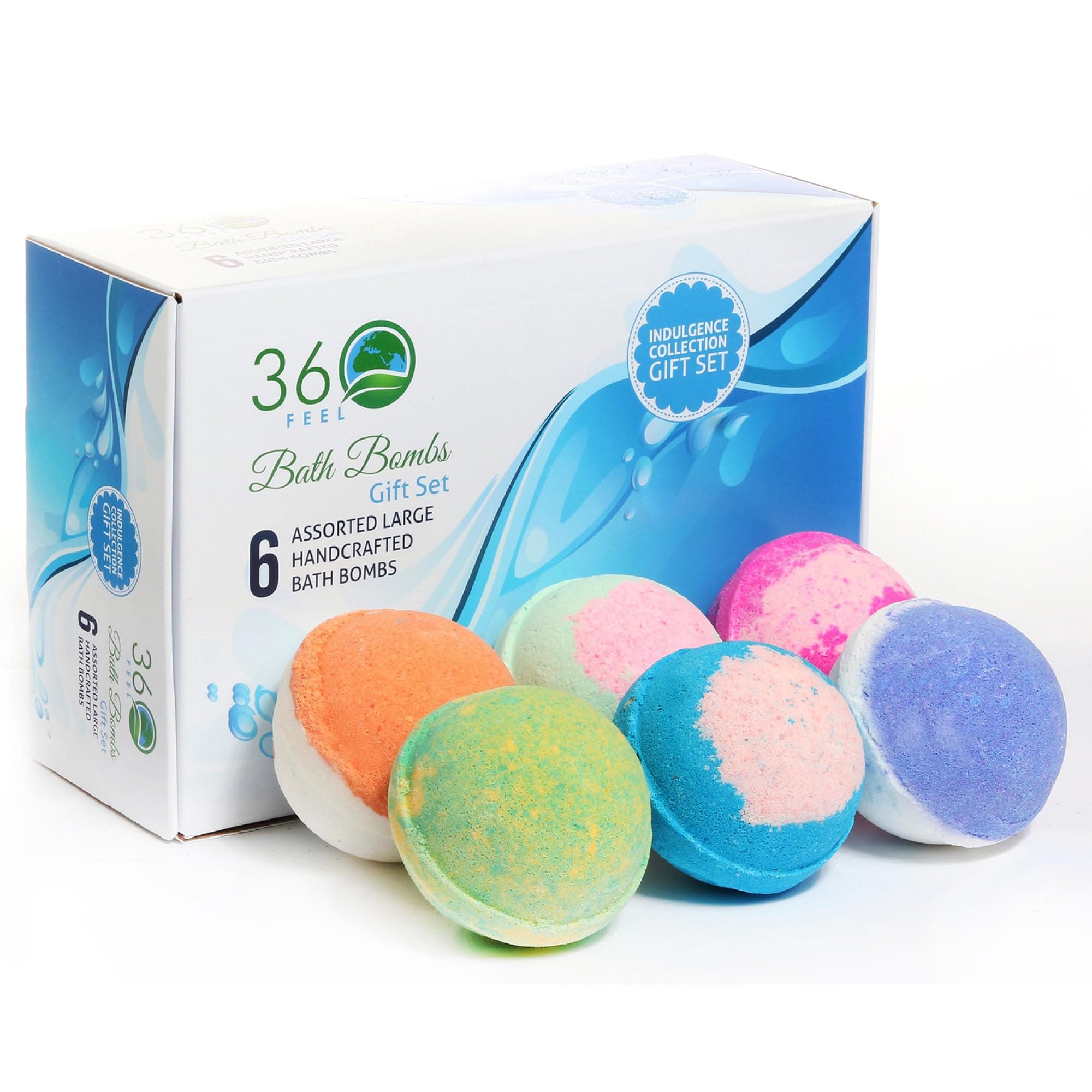 360Feel Bath Bombs Gift Set 6 Large USA made -Made with Essential Oil -All Natural Organic Bath Fizzies- Gift ready box - Aromatherapy Organic Bath Bomb for Women Men and Kids - Gift ready box
