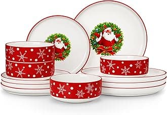 MALACASA 12-Piece Christmas Dinner Set, Santa Claus Ceramic Plates and Bowls Set for 4 with Dinner Plates/Dessert Plates/Cereal Bowls, Holiday Tableware for Festive Celebrations