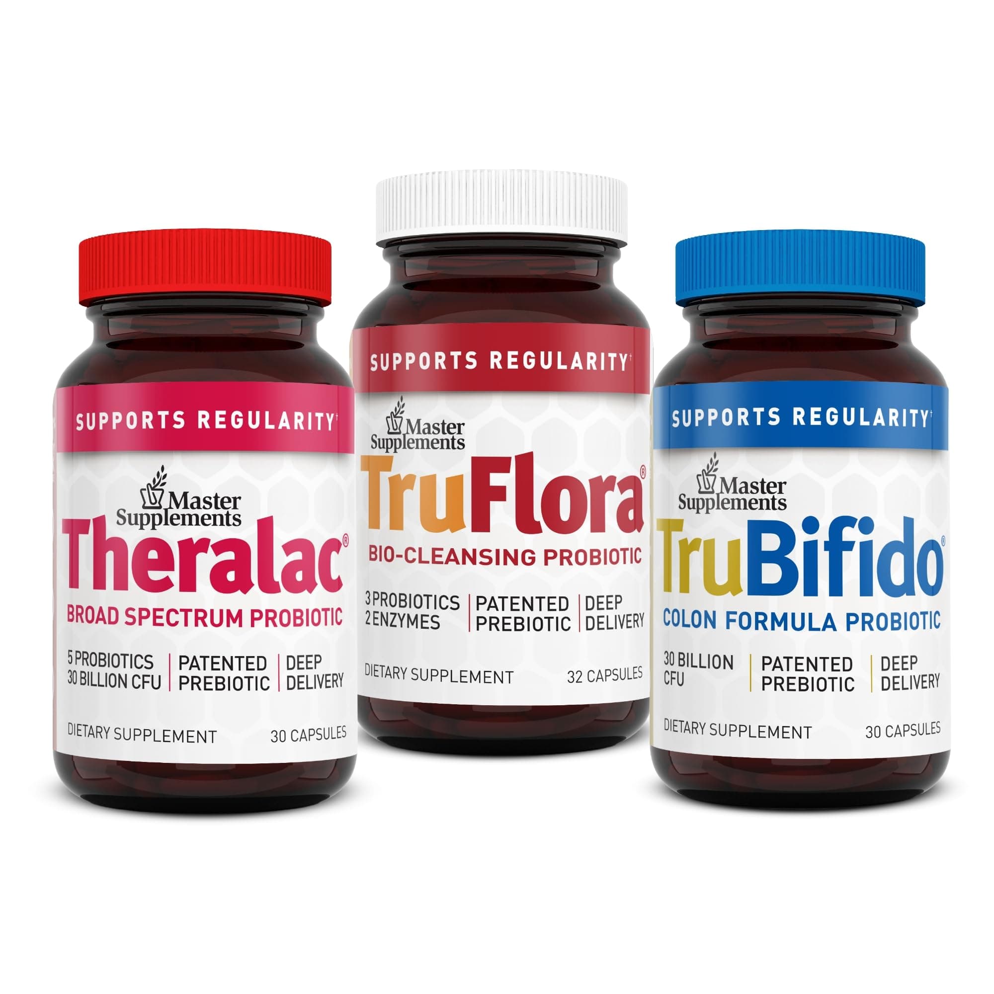 Master Supplements 30-Day Probiotic Gut Reset - Includes Theralac (30 ct.), TruBifido (30 ct.) & TruFlora (30 ct.) - Supports Optimal Gut Health - Gluten Free