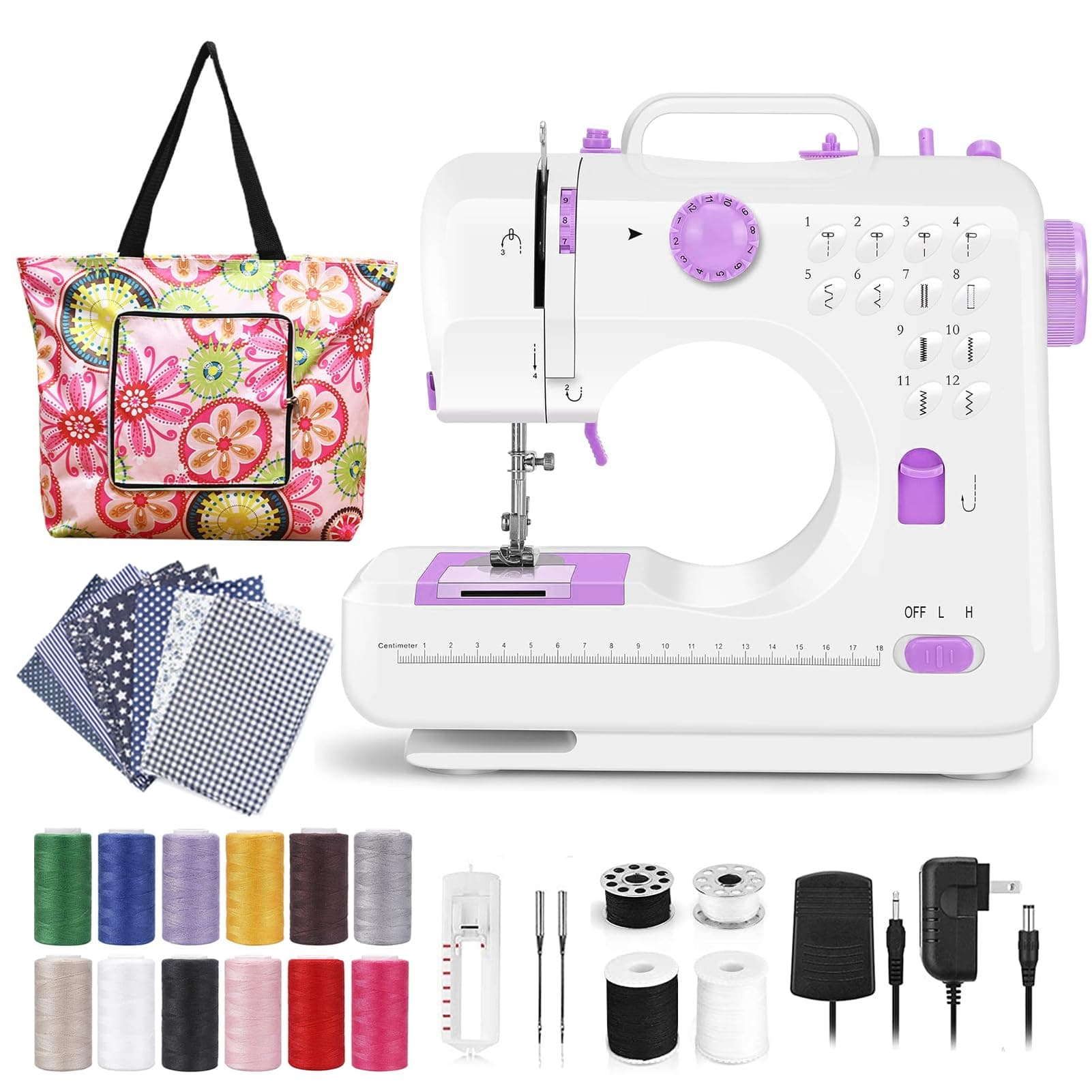 Sewing Machine for Beginners, Electric Mini Portable, 12 Built-in Stitches with Reverse Sewing, 2 Speeds Double Thread with Foot Pedal, Storage Bag, Cotton Fabric and Threads(Premium Set)