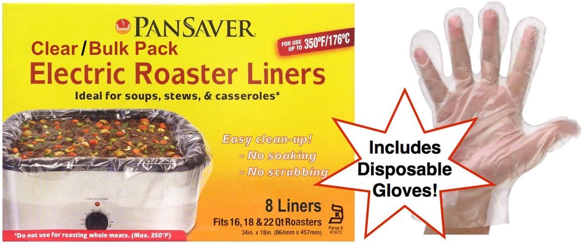 PanSaver Electric Roaster Oven Liners 8 Ct. Bulk Pack with 100 Superior Disposable Poly Gloves. Fits 16, 18 & 22 Quart Roasters