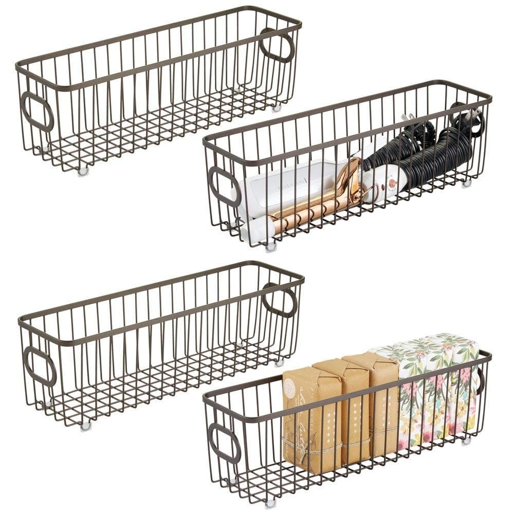 shiok decor Alloy Steel Stackable Wire Pantry Basket Organizer Bin Basket with Carrying Handles for Bathrooms, Kitchen, Food Pantry, Garage, Laundry, Black, 4 Pack