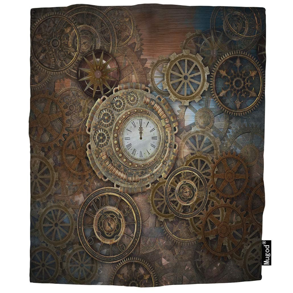 MugodClock and Gears Throw Blanket Rusty Steampunk Clock and Gears Bronze Old Vintage Soft Cozy Fuzzy Warm Flannel Blankets Decorative for Baby Toddler Swaddle Dog Cat 30X40 Inch