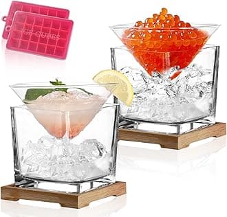 Caviar Serving Set,Stemless Martini Glasses Set of 2 with Caviar Chiller - Martini Glass with Dip Chiller Caviar Bowl - Elegant Bar Cocktail Glasses Gift Set for Manhattan,Margarita,Martini