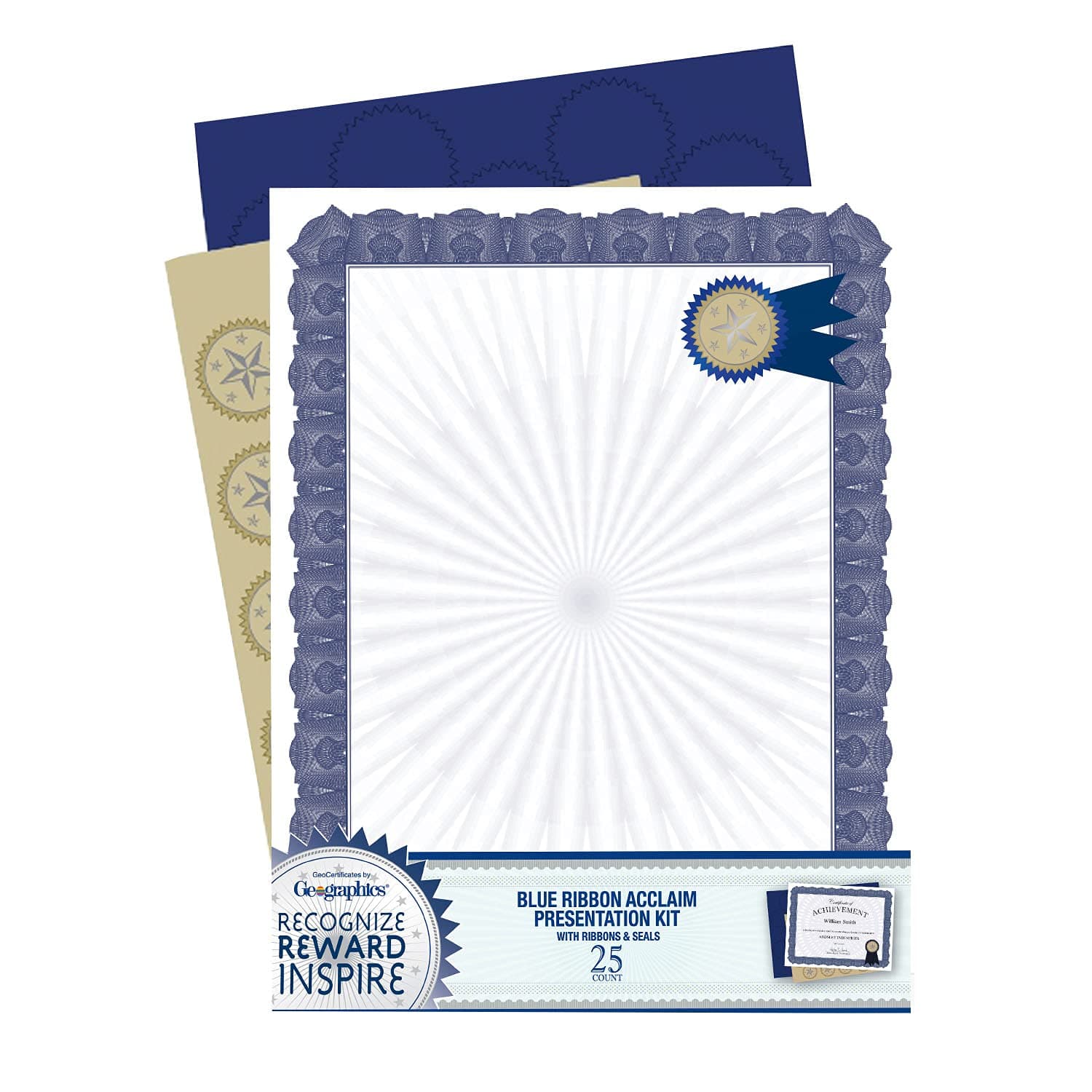 Award Certificate Kit, 8.5 x 11" Blank Certificate Paper, Gold Foil Seals & Blue Ribbon Stickers (Pack of 25)