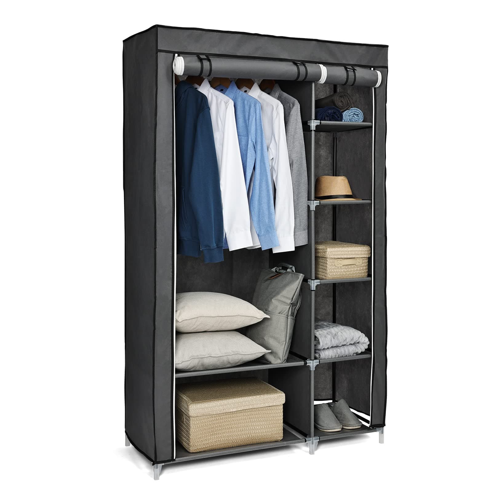 Double Canvas Wardrobe, Portable Wardrobe, Foldable Closet, Clothes Storage Organizer with Hanging Rail for Clothes, Bags, Toys, Shoes, Living Room, Bedroom 175 x 110 x 45CM Grey