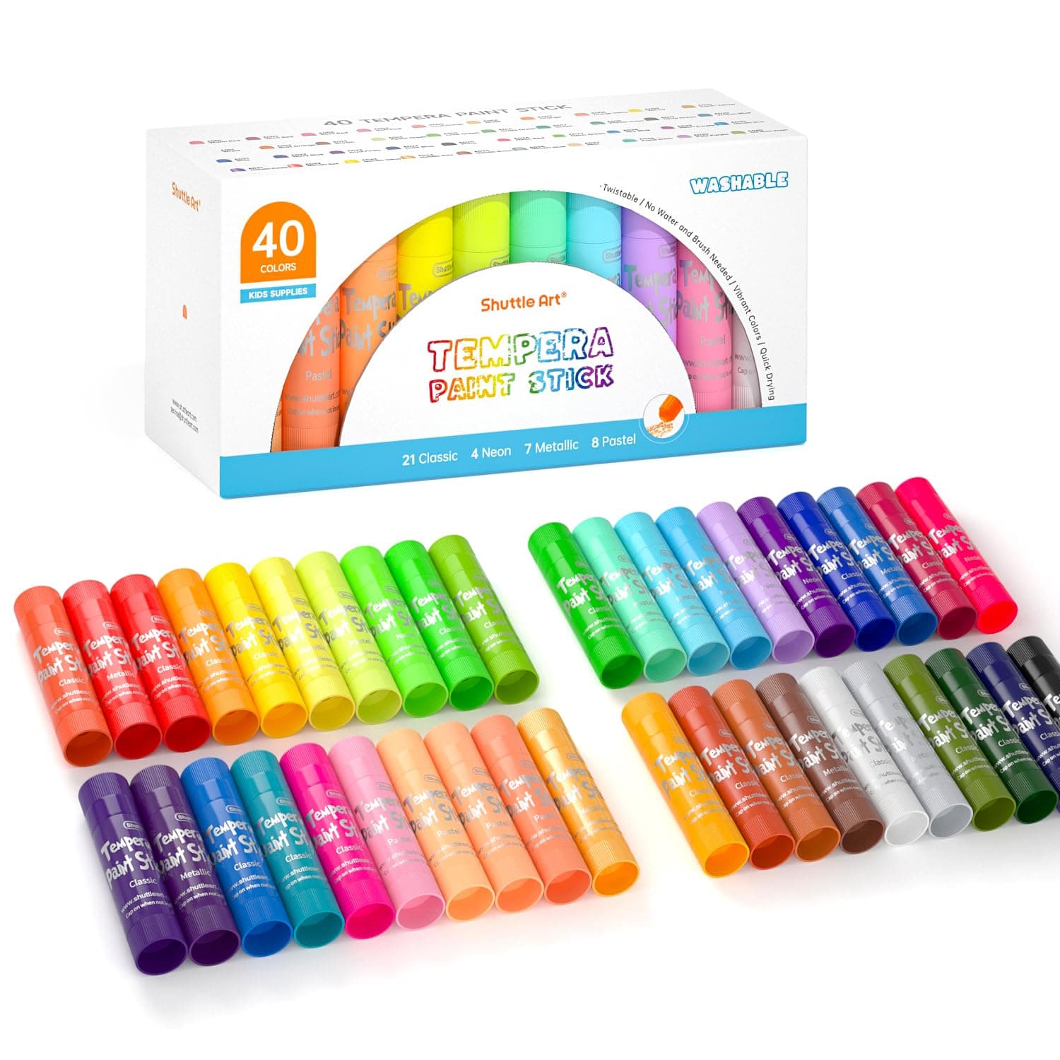 Shuttle Art Tempera Colouring Pens, 40 Colourful Solid Tempera Gouache Colouring Pencils for Children, Quick Drying, Can Be Used on Paper, Wood, Glass, Ceramic, Canvas, Wax Crayons from 1 Year