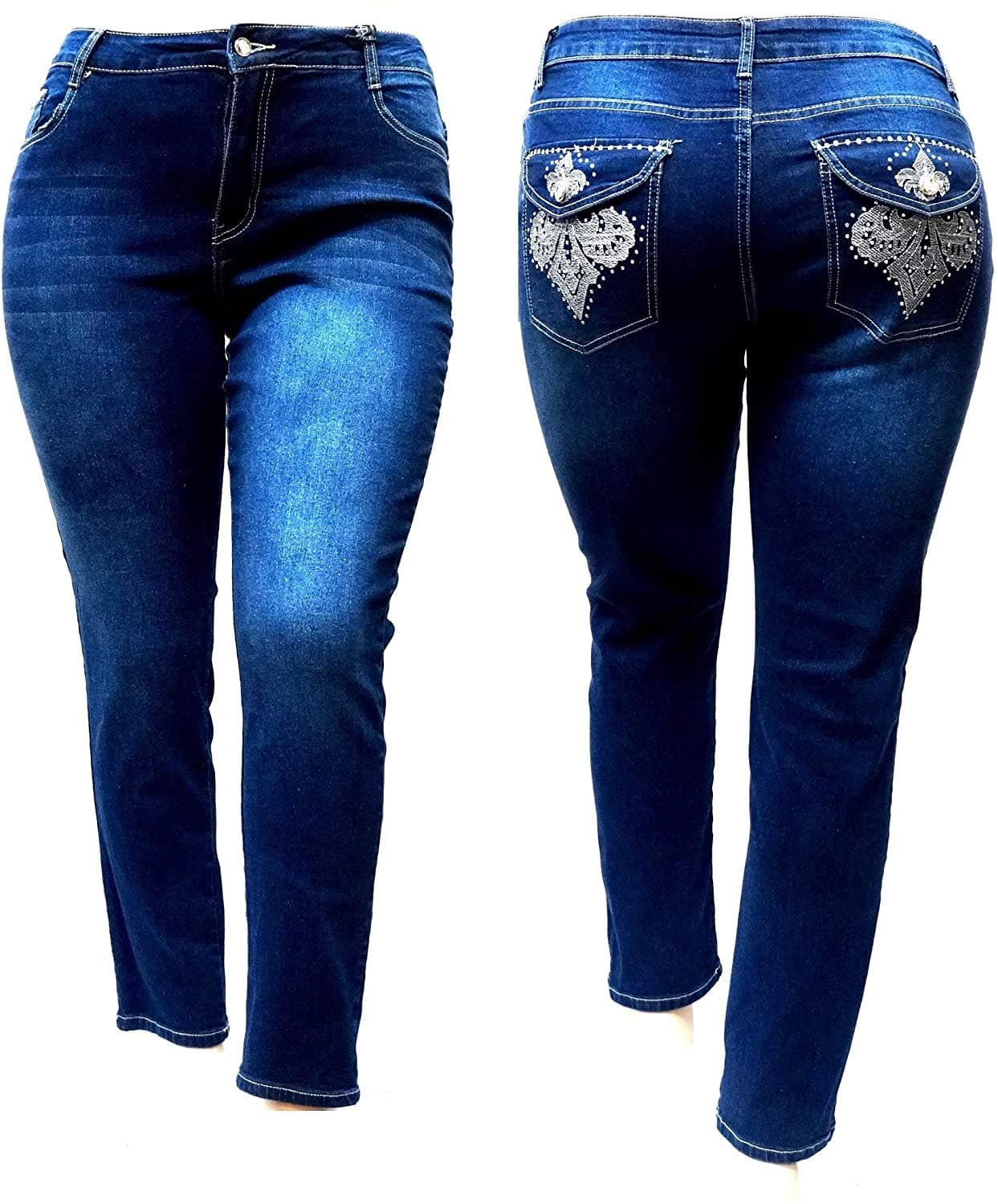 Jack David Fleur de lis Stretchy Black Blue Denim Jeans Womens Plus Size Skinny Pants PJ-3687