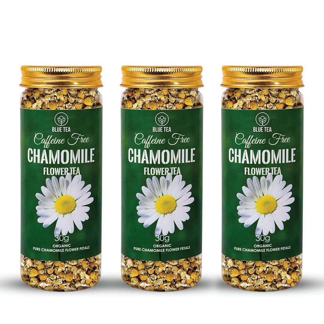 BLUE TEA - Chamomile Tea For Sleep - 30gm - 90 Cups (Pack Of 3) || SLEEP & RELAXATION || Herbal Tea - Caffeine Free - Flower Based - Non Bitter - Non-GMO | Featured In Shark Tank | Reusable Pet Jar