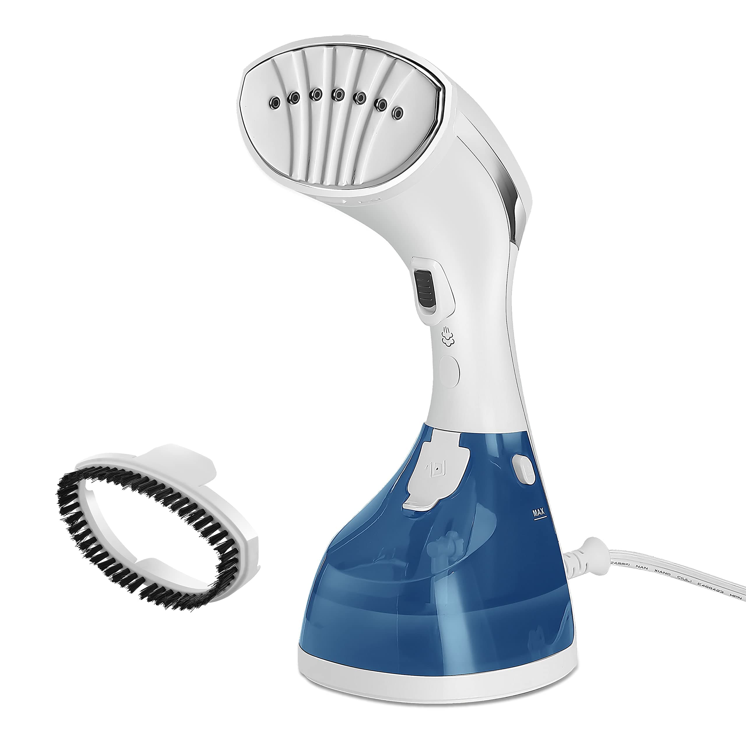 Sunbeam 1200W Power Steam Handheld Steamer for Clothes, Extra Burst of Steam Feature, 30-Second Fast Heat-Up, Bristle Brush Attachment, White and Blue Finish