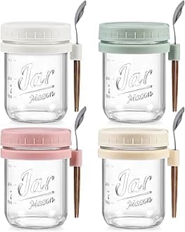 4 Pack Overnight Oats Containers with Lids and Spoons, 16 oz Glass Mason Jars with Airtight Lids, Overnight Oats Jars for Milk, Cereal, Fruit