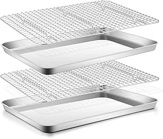 Stainless Steel Baking Sheet with Rack Set, E-far 16”x12” Cookie Sheet Pan for Oven, Rimmed Metal Tray with Wire Cooling Rack for Cooking Roasting Resting Bacon Meat Steak - Dishwasher Safe