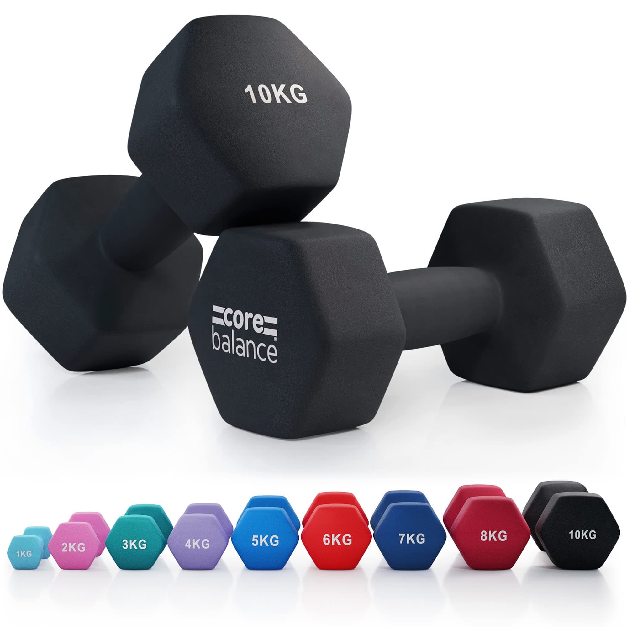 Core Balance Dumbbell Pair Hex Weight Neoprene Coated Cast Iron Strength Training (2 x 1kg, 2kg, 3kg, 4kg, 5kg, 6kg, 7kg, 8kg, or 10kg)
