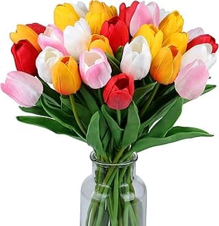 SITUMEIZI Fake Flowers Tulips Artificial Flower 15pcs Real Touch PU 14" for Spring Easter Home Kitchen Wedding Bouquet Bulk Mother's Gift Day Decorations(Assorted Colors,5)