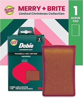 Scotch-Brite Washing Up Kitchen Sponge, Christmas Dobie Scrub Pad, Quick-Dry Mesh Scouring Pad with a Festive Red Colour