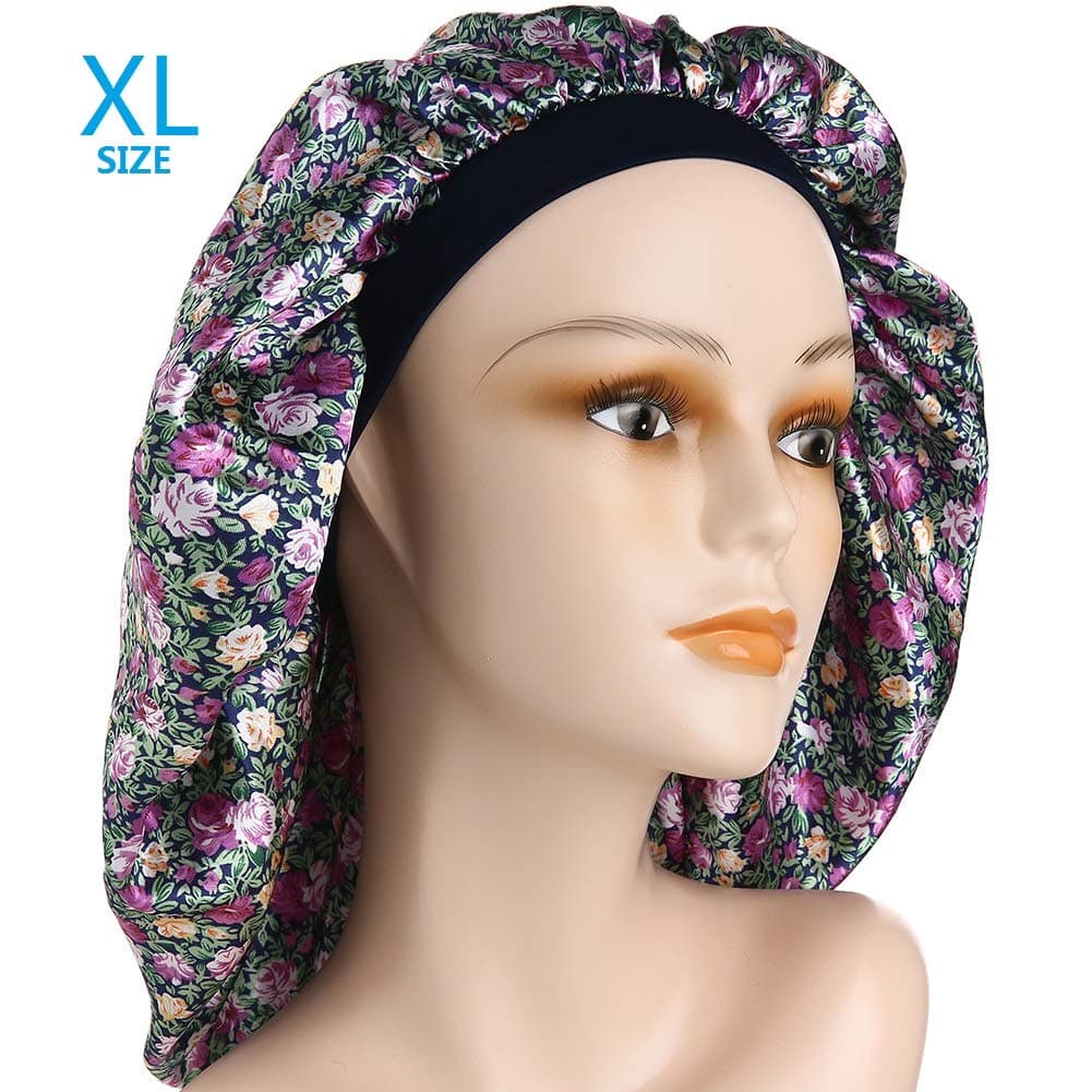 Large Satin Sleep Cap Silk Elastic Night Sleeping Hat Bonnet Nightcap Head Cover with Comfortable Wide Band for Women (ZS-XL)