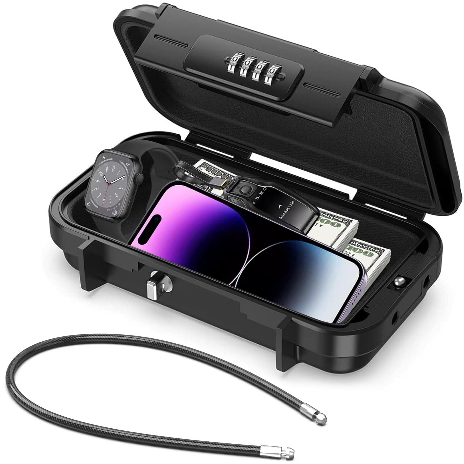 Small Lock Box,Travel Safe Lock Box with Code,Mini Safe 4 Digit Combination Lock,Portable Safe Personal Safe for Travel,Waterproof Portable Lock Box for Beach Outdoor Home Office Car Dorm(Black)