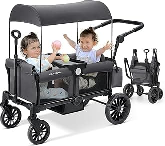 ELEMARA Foldable Wagon Stroller, Stroller Wagon for 2 Kids, Premium All Terrain Wagon for Kids with Removable Canopy, Adjustable Push/Pull Handle, Harnesses, Large Storage Bag, Grey