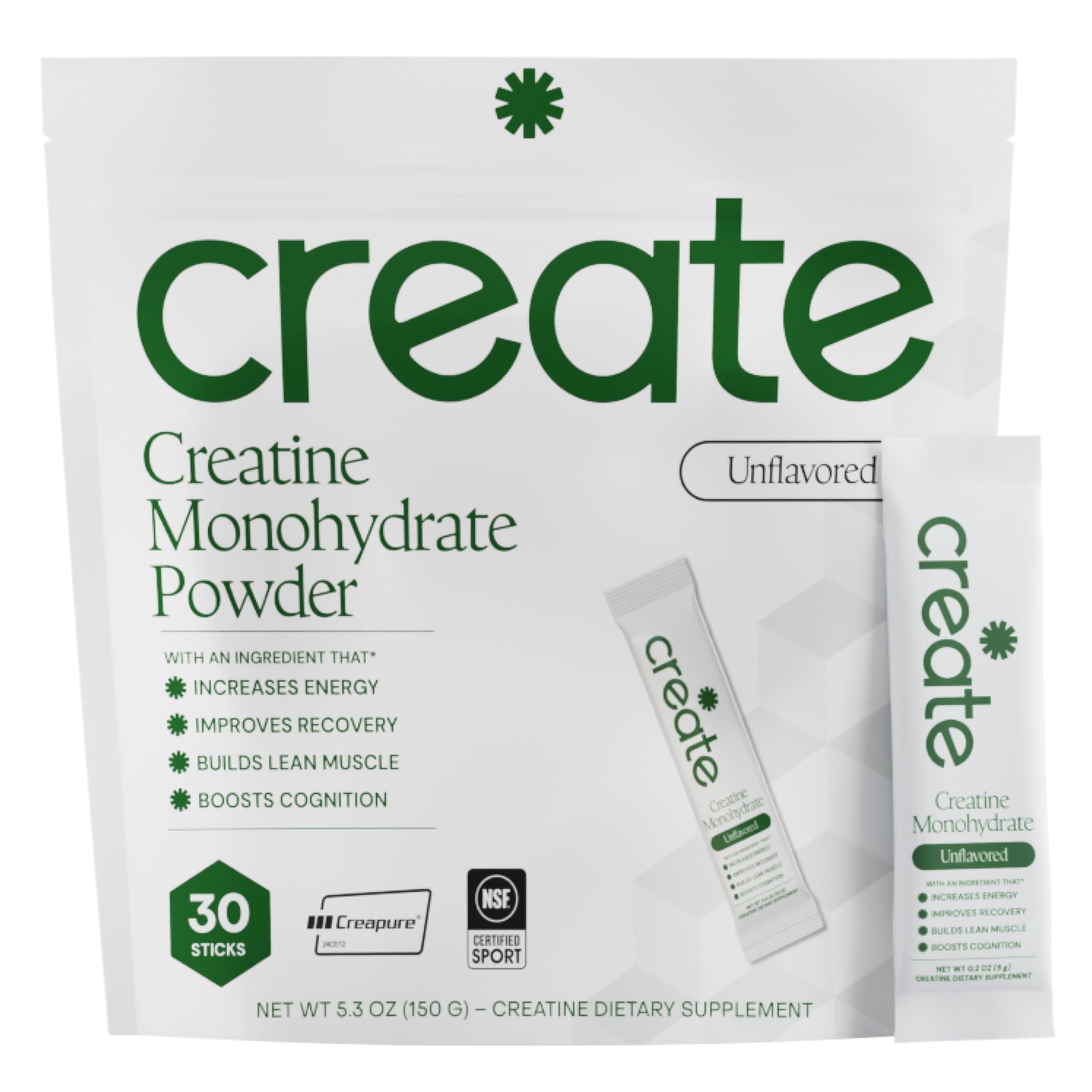 - Create Creatine Monohydrate Powder - Creatine Travel Packets, Made with Creapure, 3rd Party Tested & NSF Certified for Sport, 30 Stick Packs, Unflavored