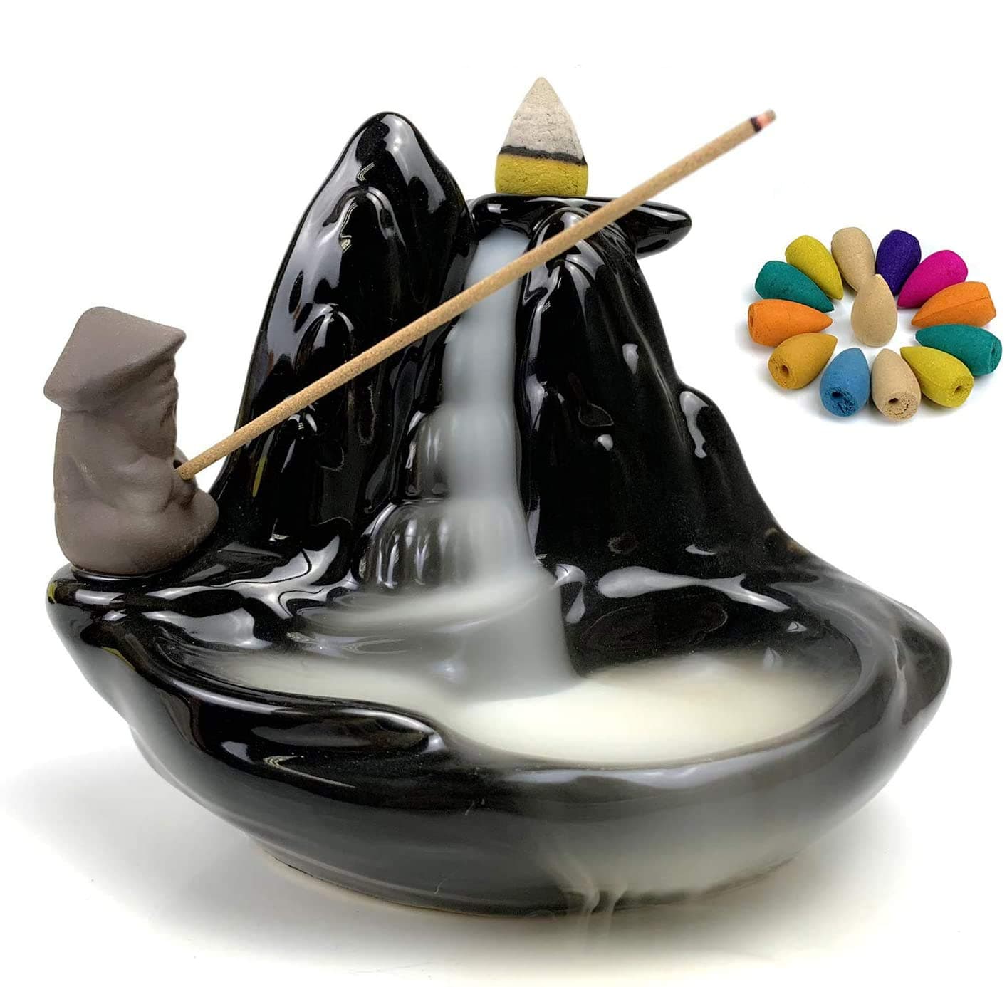 Backflow Incense Holder Waterfall Cone, Figurine Home Decor Ceramic Incense Burner Handcrafted Porcelain Censer Inscent Stick Stand with 10 Free Cones