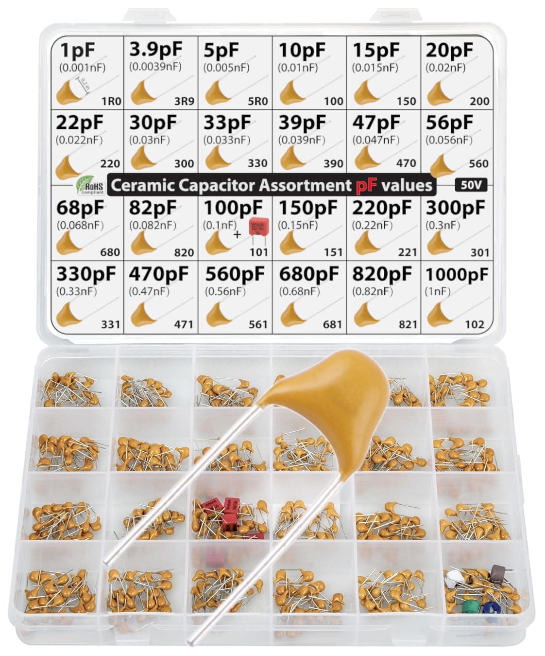 pF Values - Box Capacitor Kit Assortment 485 pcs 24 Values, All pF: 1pF, 3.9pF, 5pF, 10pF, 15pF, 20pF, 22pF, 30pF, 33pF,39pF, 47pF, 56pF, 100pF, 150pF, 220pF, 330pF, 470pF 560pF 680pF 820pF 1000pF