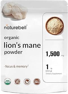 NatureBell Organic Lion’s Mane Powder 1,500mg - 1 lb - Brain, Focus & Memory Support* - Whole Fruiting Body & Mycelium - Non-GMO & Gluten-Free