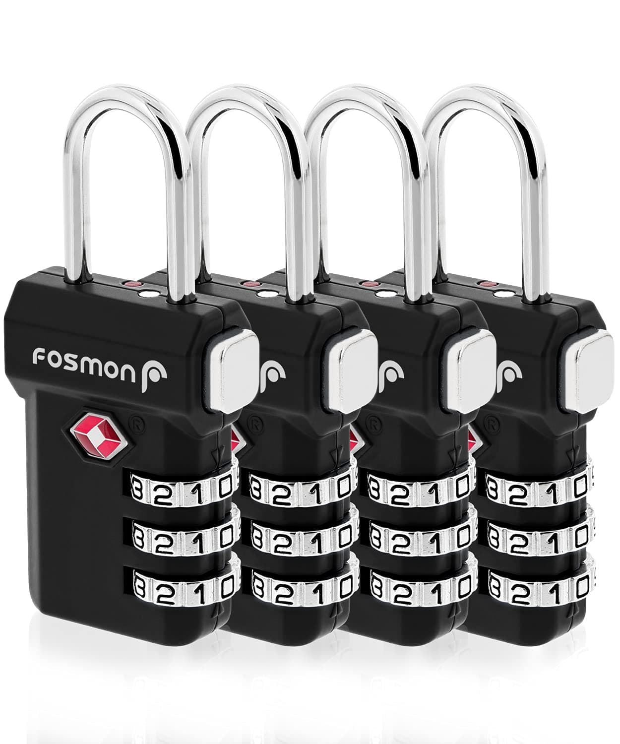 Fosmon TSA Accepted Luggage Locks, (4 Pack) Open Alert Indicator 3 Digit Combination Padlock Codes with Alloy Body and Release Button for Travel Bag, Suit Case & Luggage - Black