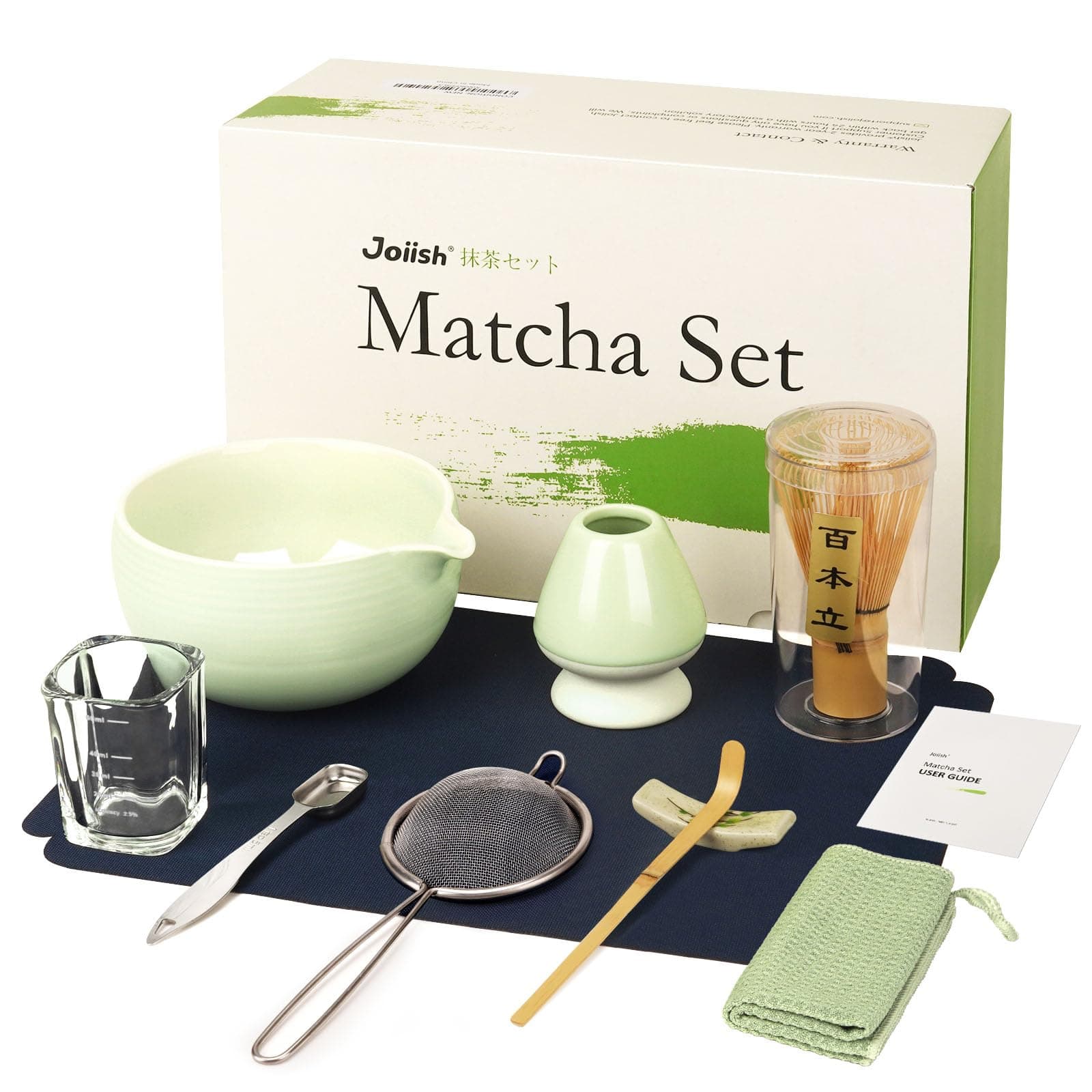Joiish Matcha Whisk Set, Matcha Kit 10-Pcs, Bamboo Whisk and Ceramic Bowl with Spout & Measuring Spoon & Cup, Japanese Ceremony Matcha Tea Powder Making Tools, Light Green