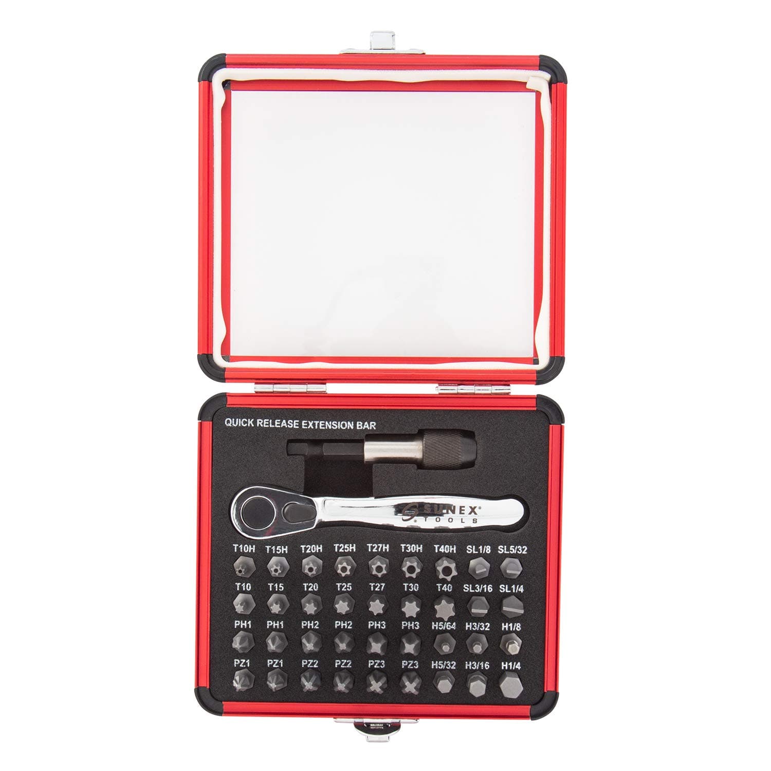 SUNEX Tools Sunex 9726 Mini Ratchet and Bit Set, 1/8-Inch - 1/4-Inch S2 Bits, 5/64-Inch hex 38-Piece Silver