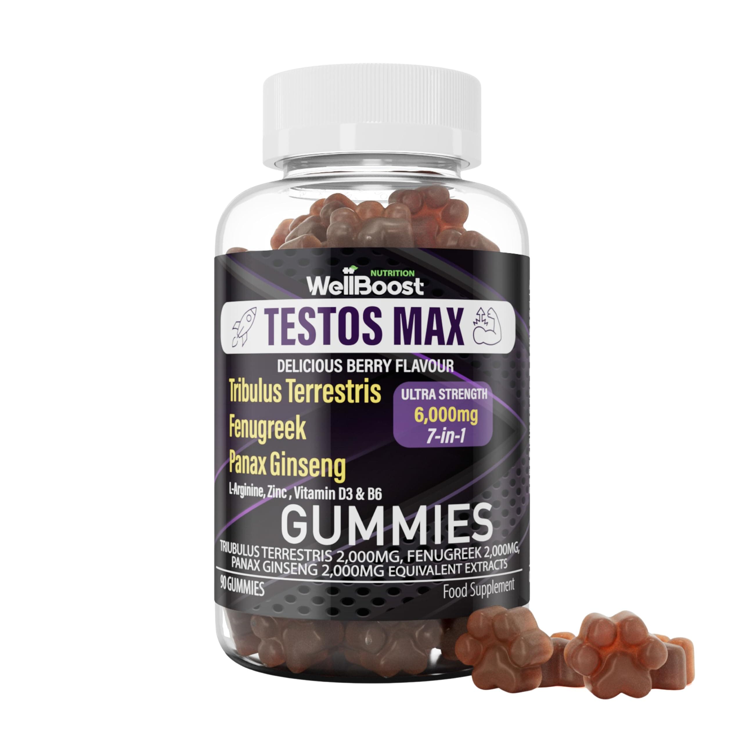 Testos MAX Strength Gummies, 30,000mg (7in1) Tribulus Terrestris, Fenugreek, Panax Ginseng Extracts, L-Arginine, Zinc, VitD3 and VitB6, Delicious Vegan, Sugar Free for Adults with Grapes Flavour.