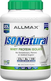 ALLMAX ISONATURAL Whey Protein Isolate, Unflavored - 5 lb - 27 Grams of Protein Per Scoop - Zero Fat & Sugar - 99% Lactose Free - with Prebiotics - No Artificial Flavors - Approx. 78 Servings